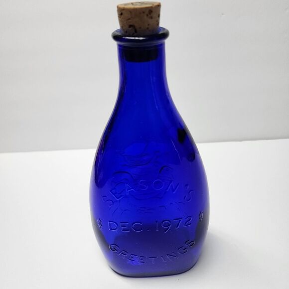 Cobalt Blue Glass Seasons Greetings Bottle w/3 French Hens 1972 - Picture 4 of 8